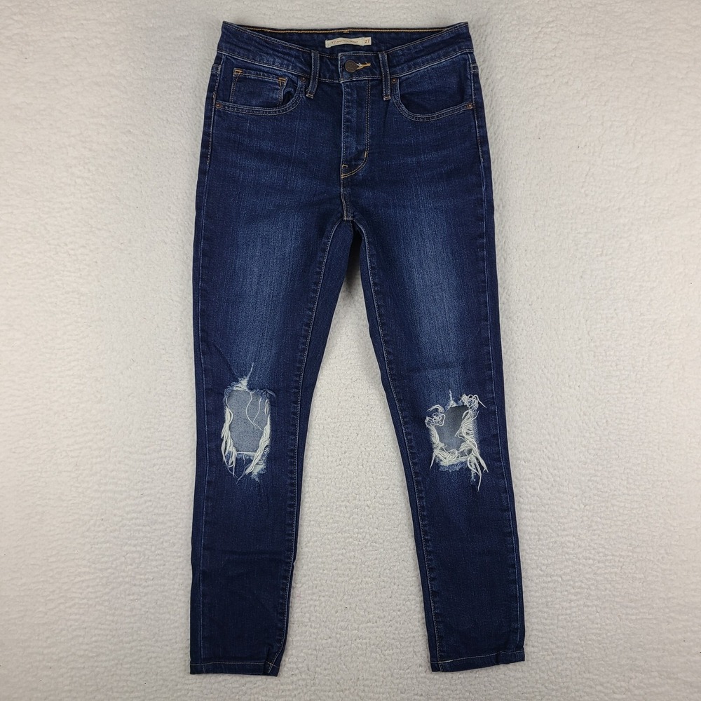 Levi's 721 Jeans Womens 27 Blue High Rise Skinny Distress Dark Wash Denim HEMMED